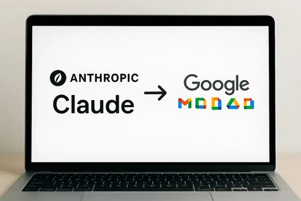 AI-generated image of a laptop displaying the logos for Anthropic Claude and Google, and an arrow pointing to Google between them.