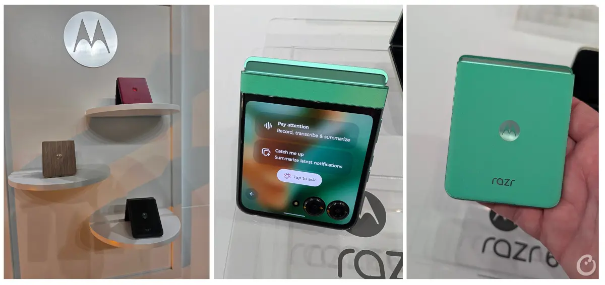 Three photos of the Motorola Razr 60 in Rio Red, Dark Green, Pink, and Roman Coffee. A close-up of the Dark Green Motorola Razr 60 with the outer screen on—source: Counterpoint Research.