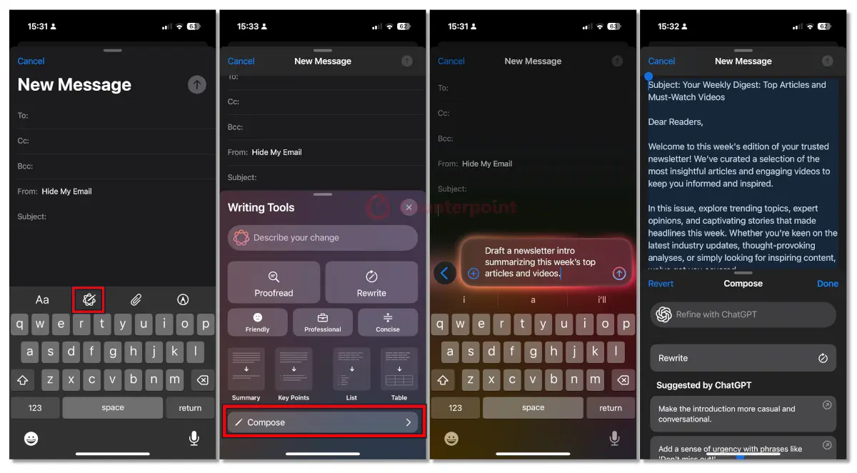 Examples of Apple Intelligence composing emails on the iPhone Mail app. Source: Counterpoint Research.
