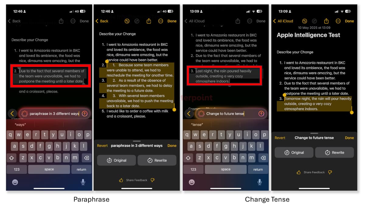 Examples of Apple Intelligence paraphrasing sentences and changing them to the future tense on the iPhone Notes app. Source: Counterpoint Research.