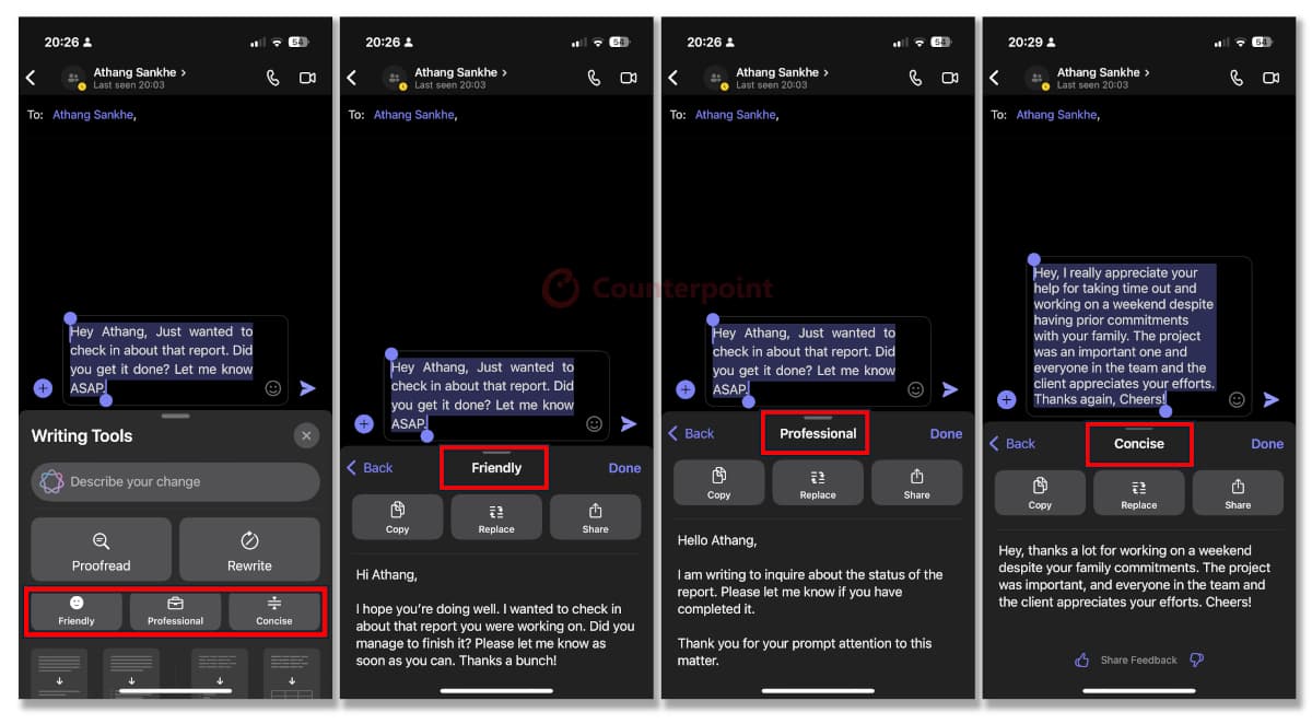 Examples of Apple Intelligence changing the tone of messages on the iPhone Teams app. Source: Counterpoint Research.