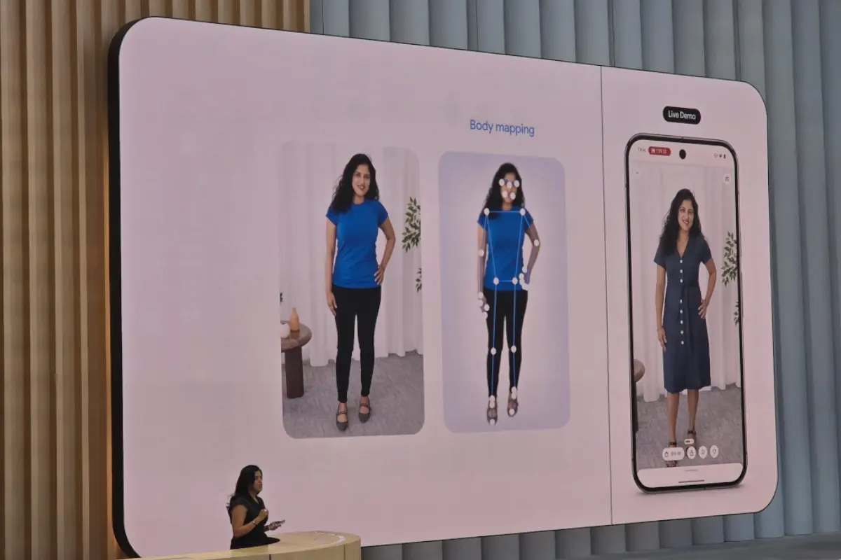 Google presenter speaking at Google I/O about Gemini App feature, Body mapping.