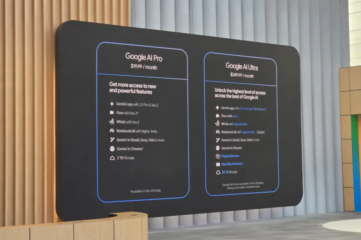 Slide presentation on future Google AI prices for Google AI Pro and Google AI Ultra. Source: Google.