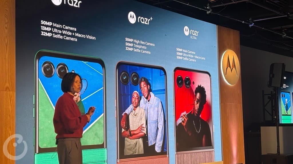 Allison Yi, the lead for Motorola's North American Product Portfolio, presenting RAZR products at Motorola's NYC launch event. April, 2025. Source: Jeff Fieldhack, Counterpoint Research.