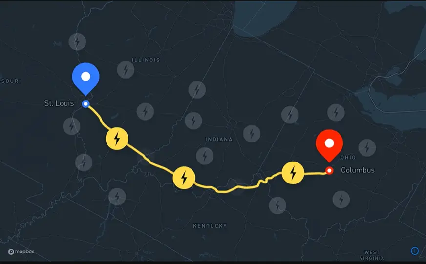 Map screen of the Mapbox Autopilot Map app that shows three charging stations between the user's current location and the destination