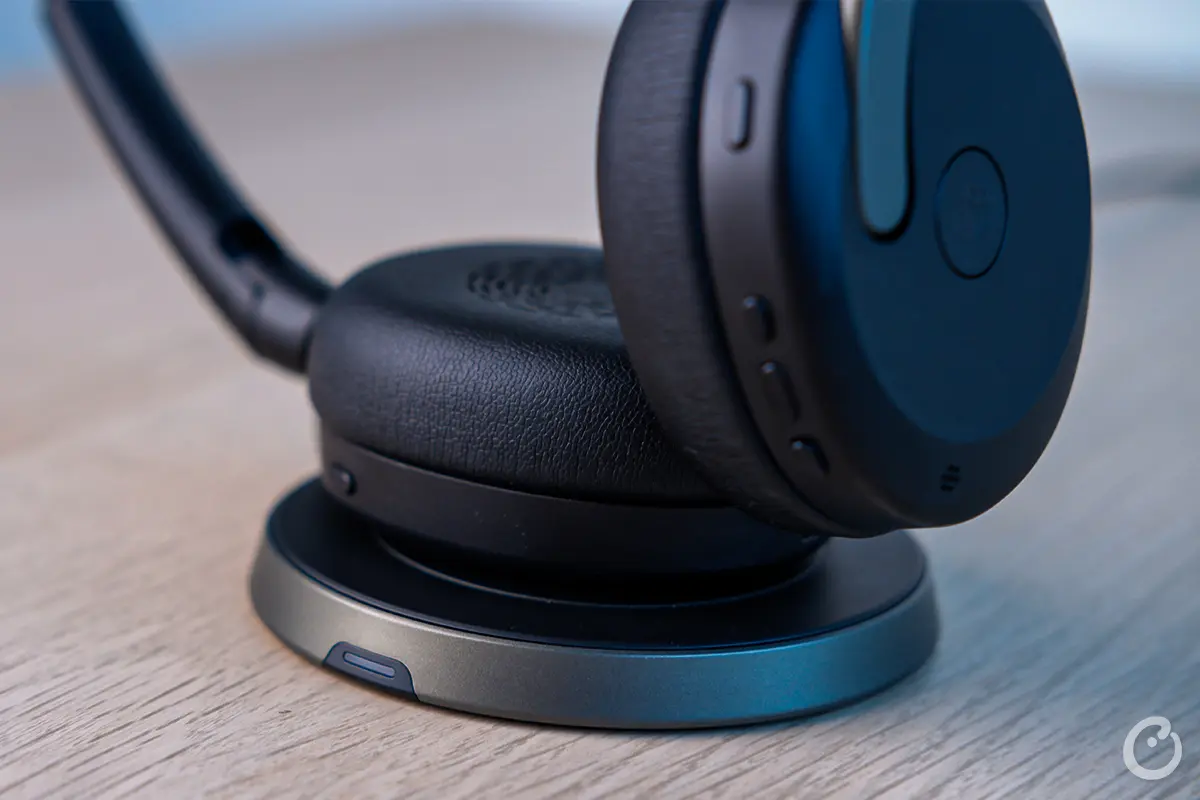 counterpoint jabra evolve2 65 on charging pad zoomed