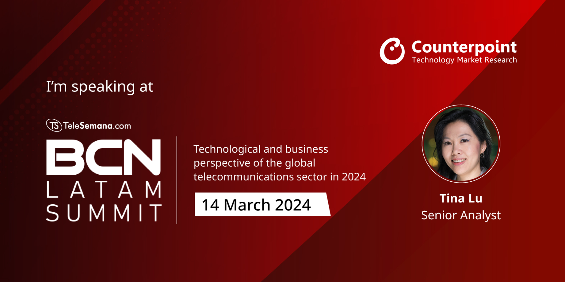 Announcement poster for Counterpoint Research attending the BCN2024 LATAM SUMMIT